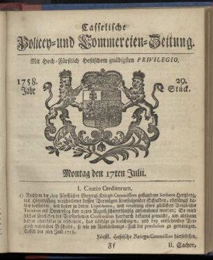 29. Stueck, Montag den 17ten Julii 1758