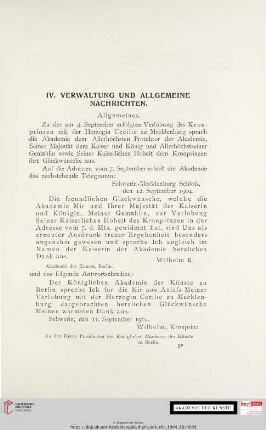 IV. Verwaltung und allgmeine Nachrichten