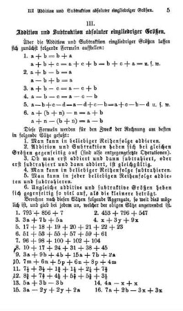 III. Addition und Subtraktion absoluter eingliedriger Größen.