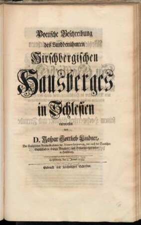 Poetische Beschreibung des Landberühmten Hirschbergischen Hausberges in Schlesien