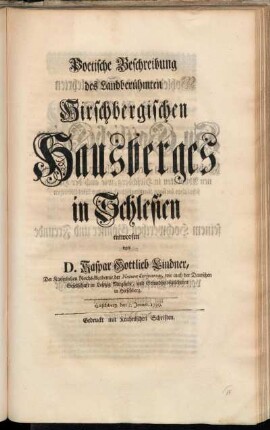 Poetische Beschreibung des Landberühmten Hirschbergischen Hausberges in Schlesien