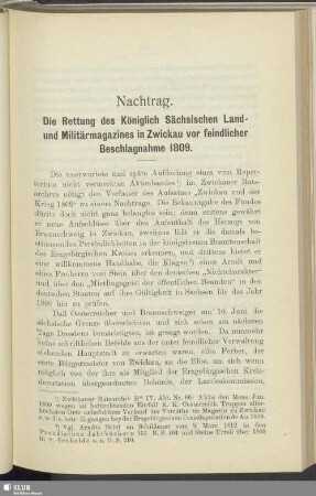 Nachtrag : die Rettung des Königlich Sächsischen Land- und Militärmagazines in Zwickau vor feindlicher Beschlagnahme 1809