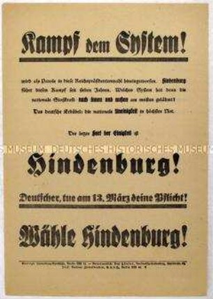 Aufruf der Vereinigten Hindenburg-Ausschüsse zur Wahl Paul von Hindenburg zum Reichspräsidenten 1932