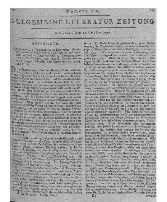 Sammlung einiger Urkunden und Aktenstücke zur neuesten Wirtembergischen Geschichte. Sammlung 1-2. Hrsg. von L. T. Spittler. Göttingen: Vandenhoeck & Ruprecht 1792-96
