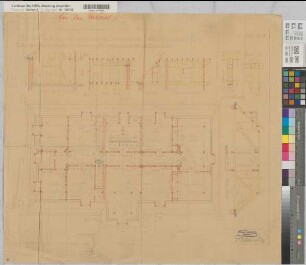 Velen (Velen) Schloß Neubau des Archivgebäudes Grundriß Dachgeschoß, Schnitte 1925 1 : 50 67,5 x 77 kol. Pause Franz Schneider, Architekt Landsberg-Velen