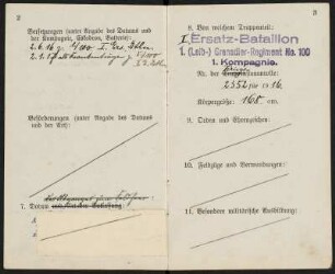 Militärpaß von Max Hermann Angermann : Militärpass, aufgeschlagen, Seite 2 und 3, von Grenadier Max Hermann Angermann (1. Ersatz-Bataillon, 1. (Leib-) Grenadier-Regiment No 100, 1. Kompanie), ausgestellt am 5. Februar 1916, Dippoldiswalde. Dresden: SLUB Mscr.Dresd.Aut.3079