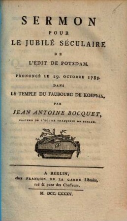 Sermon pour du Jubilé séculaire de l'édit de Potsdam