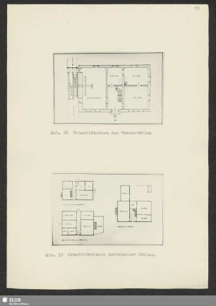 Abb. 38 Grundrißschema der Wassermühlen. - Abb. 39 Grundrißskizzen bestehender Mühlen