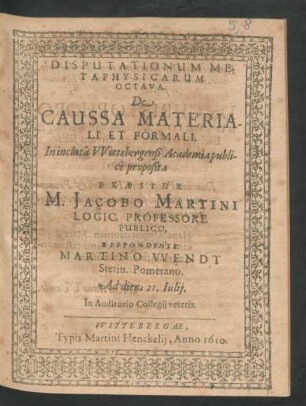Disputationum Metaphysicarum Octava. De Caussa Materiali Et Formali