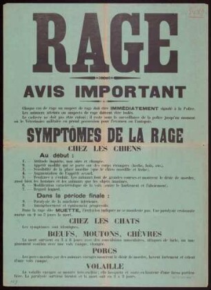 "Rage, avis important." "Symptomes de la rage"