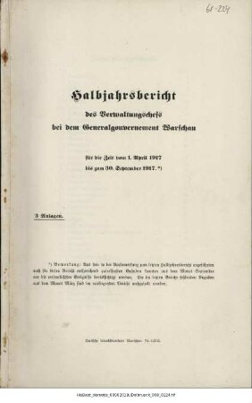 Halbjahrsbericht des Verwaltungschefs bei dem General-Gouvernement Warschau