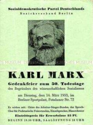 Einladungskarte zu einer Gedenkveranstaltung der SPD anlässlich des 50. Todestages von Karl Marx