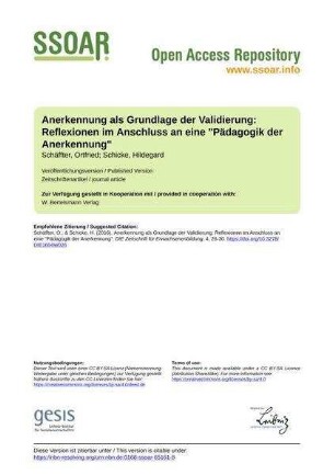 Anerkennung als Grundlage der Validierung: Reflexionen im Anschluss an eine "Pädagogik der Anerkennung"