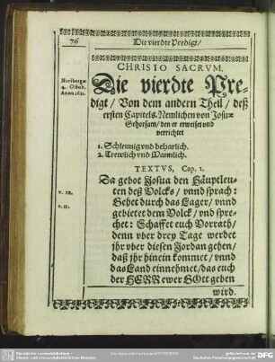 [Die vierdte Predigt, uber das erste cap. Josuae]. Die vierdte Predigt, Von dem andern Theil, deß ersten Capitels. Nemlichen von Josuae Gehorsam, den er erweiset und verrichtet