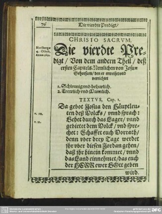 [Die vierdte Predigt, uber das erste cap. Josuae]. Die vierdte Predigt, Von dem andern Theil, deß ersten Capitels. Nemlichen von Josuae Gehorsam, den er erweiset und verrichtet