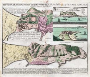 Neuester und exacter Plan und Prospect von der Stadt, Vestung, Bay und Fortification von Gibraltar : theils, wie es Lit: A mit den Approchen der Spanier, die sie im letztern Krieg dafür gemacht, zu sehen, theils wie es Lit. B seit der letztern Belagerung 1727 von den Engelländern zu besserer Sicherheit mit neuen Fortifications-Werckern vermehrt, und fast unüberwindlich gemacht, von den Spaniern hingegen gegen die Land-Seyte zu bey etlichen Jahren her mit neuen Linien eingeschlossen worden