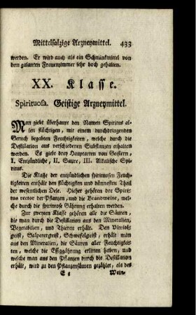 XX. Klasse. Spirituosa. Geistige Arzneymittel.