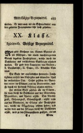 XX. Klasse. Spirituosa. Geistige Arzneymittel.