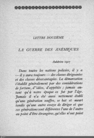 Lettre douzième: La guerre des anémiques