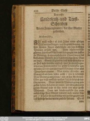 Das erste Condolentz- und Trost-Schreiben An ein Frauenzimmer, der ihre Mutter gestorben.