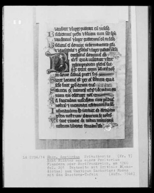 Blatt aus einem Psalterium, fol. 201, Textseite mit Initiale B zum Canticum Zachariae: Moses mit den Gesetztafeln