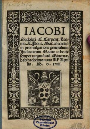 Oratio in beate semper virginis ad Minervam : habita decimonono Kl. Aprilis 1518