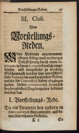 III. Class. Von Vorstellungs-Reden.