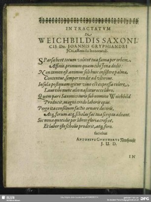 In Tractatum De Weichbildis Saxonicis Dn. Joannis Gryphiandri JCti, affinis sui honorandi