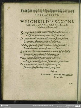 In Tractatum De Weichbildis Saxonicis Dn. Joannis Gryphiandri JCti, affinis sui honorandi