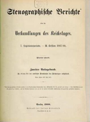 Verhandlungen des Reichstages. Stenographische Berichte. 104, 1. 1887/88