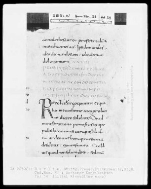 Institutio canonicorum concilii Aquisgranensis anno 816, Aachener Konzilsakten — Initiale R(ecoliter ergo), Folio 34recto