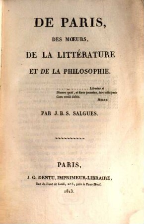 De Paris, des moeurs, de la littérature et de la philosophie