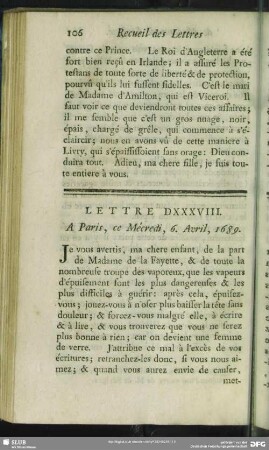 Lettre DXXXVIII. A Paris, ce Mécredi, 6. Avril, 1689