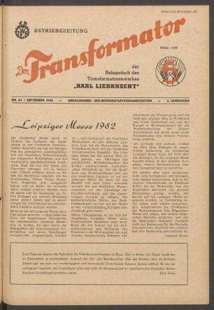TRO-Betriebszeitung 'Der Transformator'; Nr. 24/1952 (September 1952)
