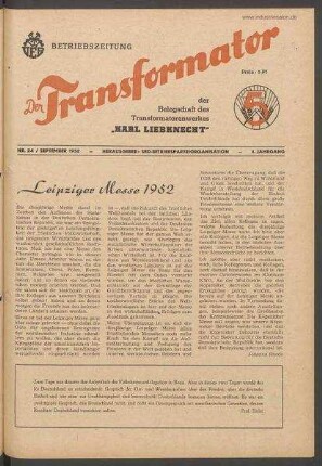 TRO-Betriebszeitung 'Der Transformator'; Nr. 24/1952 (September 1952)
