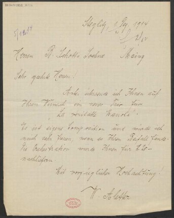 Brief an B. Schott's Söhne : 01.12.1914