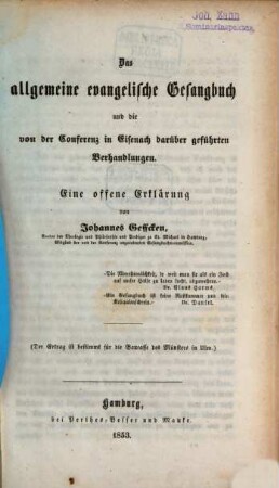 Das allgemeine evangelische Gesangbuch und die von der Conferenz in Eisenach darüber geführten Verhandlungen : eine offene Erklärung