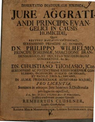 Dissertatio Inauguralis Juridica, De Jure Aggratiandi Principis Evangelici In Causis Homicidii