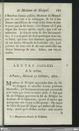 Lettre CCCLXXI. A la même. A Paris, Mécredi 27. Octobre, 1677