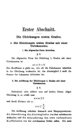 Erster Abschnitt. Die Gleichungen ersten Grades. § 5-16.
