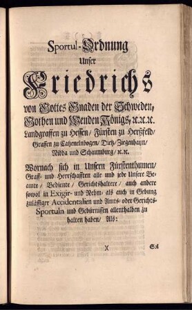 Sportul-Ordnung Unser Friedrichs von Gottes Gnaden der Schweden, Gothen und Wenden Königs,[et]c. [et]c.