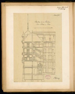 Wohn- und Geschäftshaus für die Fa. Faber, Berlin Monatskonkurrenz Januar 1882: Querschnitt; Maßstabsleiste