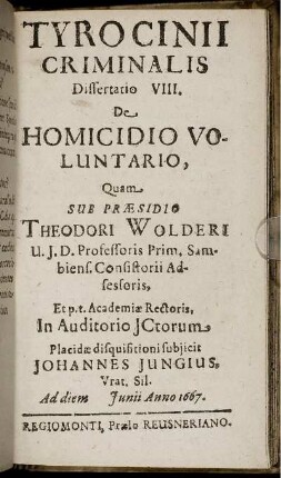 Dissertatio VIII. De Homicidio Voluntario