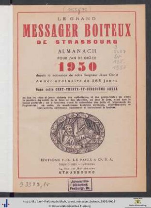135. Année: Le grand messager boiteux de Strasbourg: Almanach Pour L'An De Grâce 1950