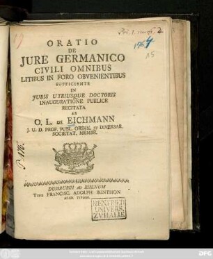 Oratio De Jure Germanico Civili Omnibus Litibus In Foro Obvenientibus Sufficiente
