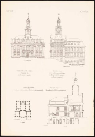 Rathaus, Schwäbisch Hall: Vorderansicht, Seitenansicht, Querschnit, Grundriss (aus: Baukunst d. Barock u. Klassizismus in Deutschland, hrsg. v. Zeichenaussch. d. Stud. d. TH Berlin, 1875)