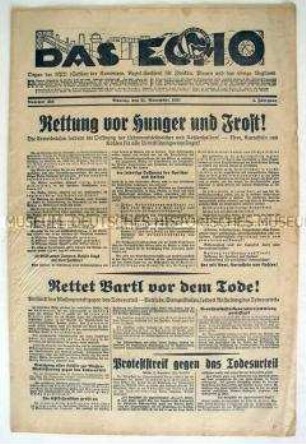 Regionale KPD-Zeitung "Das Echo" mit der Forderung nach Maßnahmen gegen Hunger und Frost