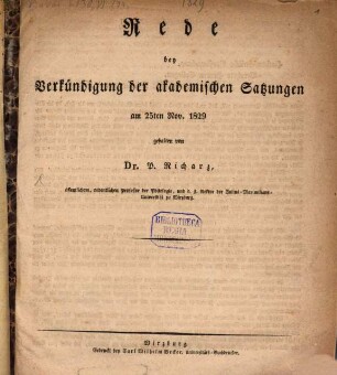 Rede bei Verkündigung der akademischen Satzungen am 25. Nov. 1829