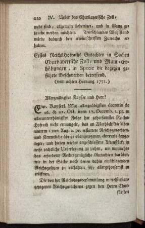 Erstes ReichsHofraths Gutachten in Sachen Churbayerische Zoll- und Maut-Erhöhungen, in Specie die dagegen geführte Beschwerden betreffend.(vom achten Hornung 1771.) - ReichsHofraths-Conclusium Churbayerische...
