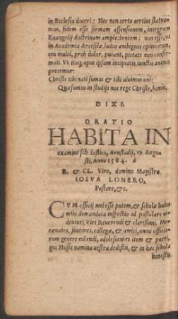 Oratio Habita In examine scholastico, Arnstadii, 19. Augusti, Anno 1584 ...
